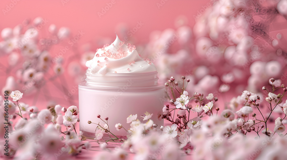 Fototapeta premium Jar of cosmetic cream with open lid and pink flowers. Generative AI 