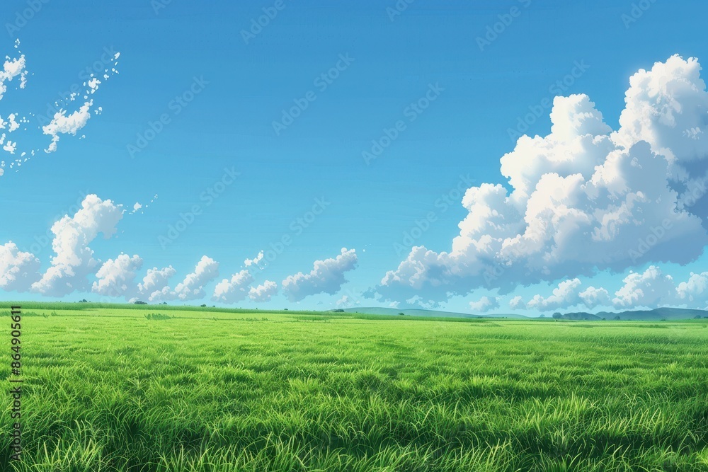 Grass Field landscape with blue sky and white cloud. Blue sky clouds sunny day wallpaper. Cartoon illustration of a Grass Field with blue sky in Summer. green field in a day. Grass Field landscape with blue sky and white cloud. Blue sky clouds sunny day wallpaper. Cartoon illustration of a Grass Field with blue sky in Summer. green field in a day.