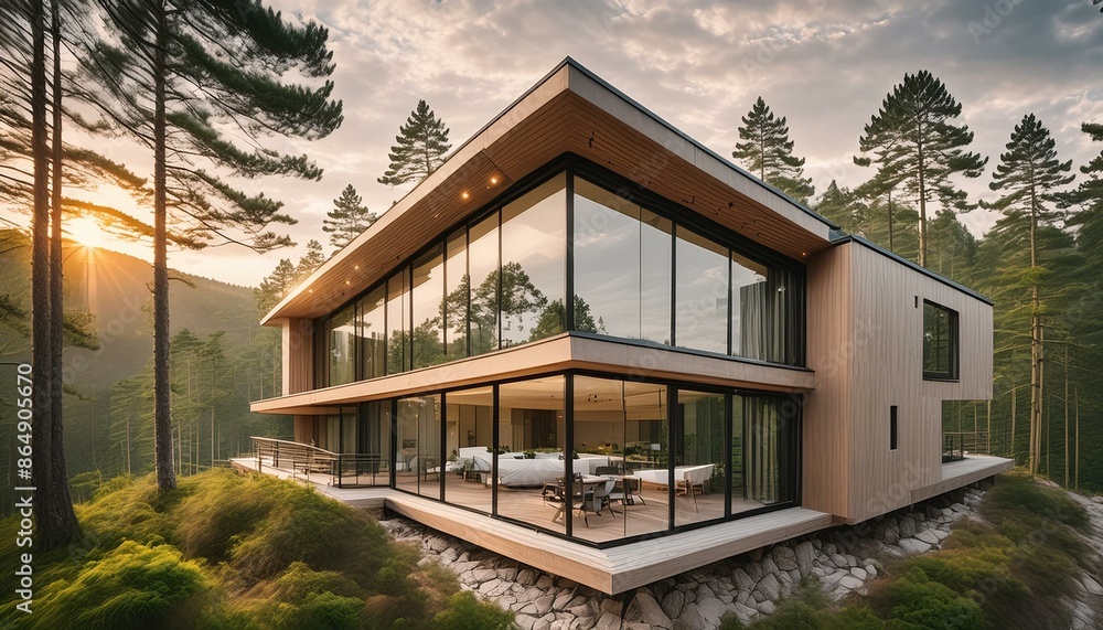 A modern, eco-friendly house with large windows, surrounded by a forest. A modern, eco-friendly house with large windows, surrounded by a forest.