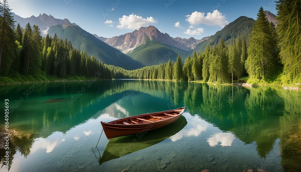 A relaxing view of a lake with a boat in the middle, surrounded by mountains and forest. A relaxing view of a lake with a boat in the middle, surrounded by mountains and forest.