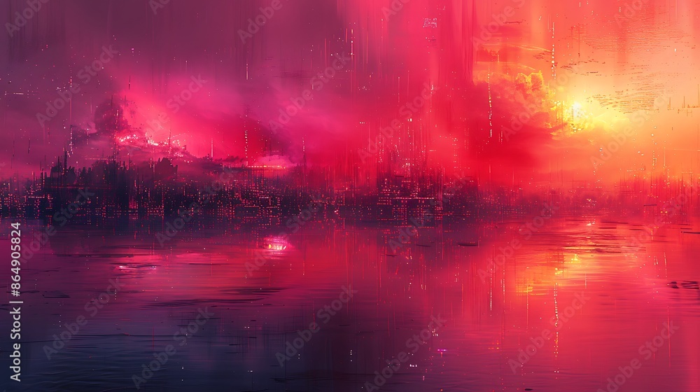 Modern art mural featuring digital glitch art, distorted and pixelated patterns, in a 16:9 ratio. Modern art mural featuring digital glitch art, distorted and pixelated patterns, in a 16:9 ratio.
