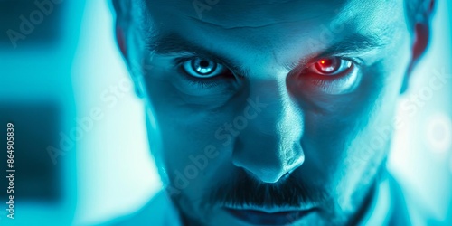 Vampire doctor with fangs and bloodred eyes, sinister look, focus on, gothic theme, vibrant, composite, dark medical office backdrop