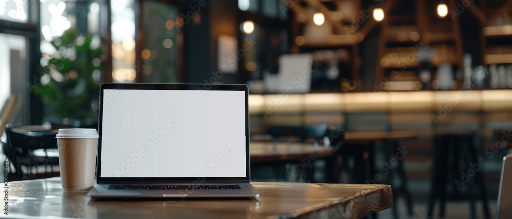 Mockup laptop screen on a table at coffee shop Mockup laptop screen on a table at coffee shop
