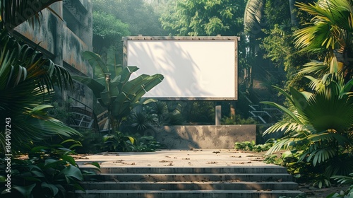 Set against a background of greenery and a stairway, a sizable empty billboard offers a space for digital or printed advertising, standing on a speckled concrete surface  photo