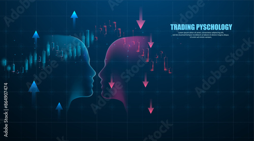 Psychology trading concept. two head conditions calm and angry, candle bear and bull. digital tech background, 