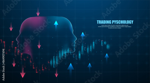 Trading psychology concept. two head conditions calm and angry, candle bear and bull. Trading background