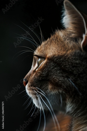Seitliches Portrait vom Kopf einer Katze, dunkler Hintergrund 