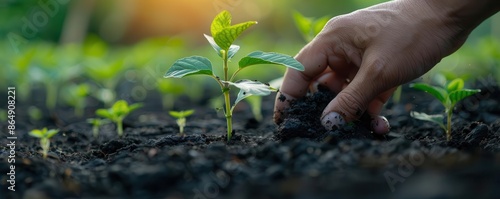 Farmer applying biochar to enhance soil fertility, sustainable agriculture, carbon sequestration