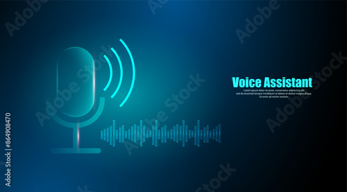 Voice recognition and a microphone help the virtual assistant answer.  Futuristic technology background
