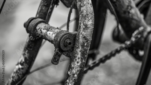 A detail shot of the bikes kickstand rusted but still functioning reliably. Black and white art photo