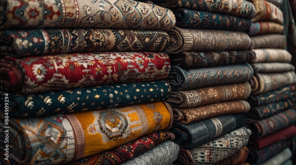 Fabrics are stacked together in different positions, laid flat Fabrics are stacked together in different positions, laid flat