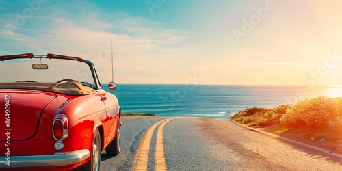 Vintage red convertible driving along a scenic coastal road at sunset, with breathtaking ocean views and clear blue skies.