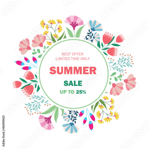 Summer sale vector banner template. Summer sale shop now text with elements like umbrella, fruits floater and palm leaves for tropical beach advertisement discount promo. Vector illustration
