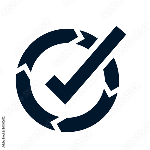 Arrow in a circle, check mark. Concept successful loading, progress. Vector linear icon isolated on white background.
