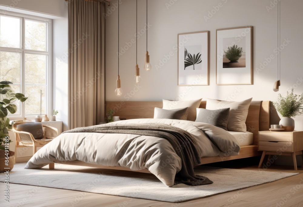Fototapeta premium inviting scandinavian bedroom comfortable bedding cozy textiles neutral tones, interior, design, decor, modern, stylish, minimalistic, elegant, serene