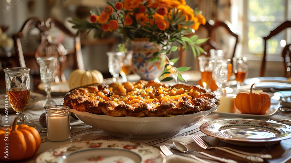A Thanksgiving table setting with a delicious apple pie, pumpkins, and flowers. A Thanksgiving table setting with a delicious apple pie, pumpkins, and flowers.