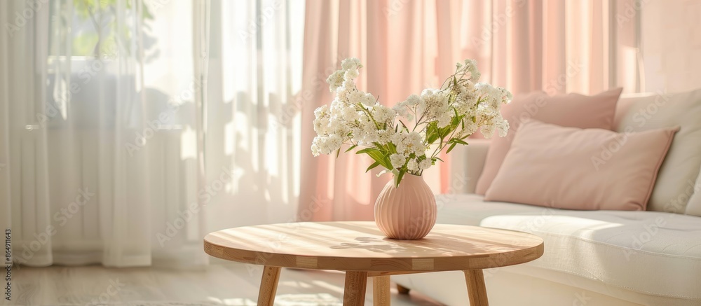 Fototapeta premium Sofa and wooden table with white flowers in pink vase contrasting against pastel curtain in elegant room