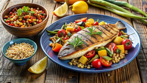 Kamut berry grilled fish and vegetables