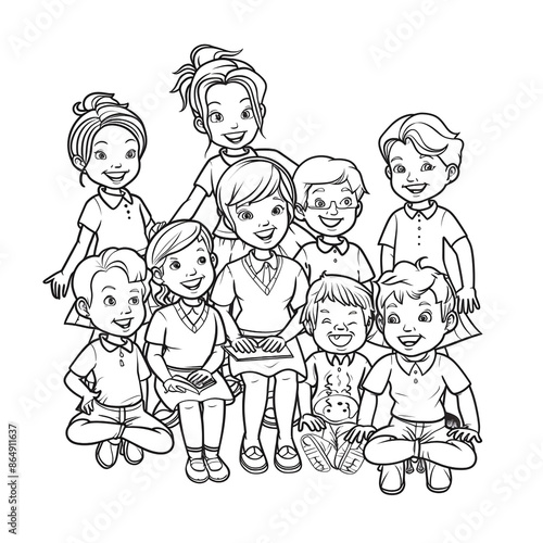 Cartoon teacher and students, outlined for coloring, on a white background.
