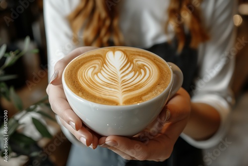 A close-up shot of hands holding a cup of latte featuring an intricate foam art design, capturing the warmth and craftsmanship of a barista in a cozy café setting. photo