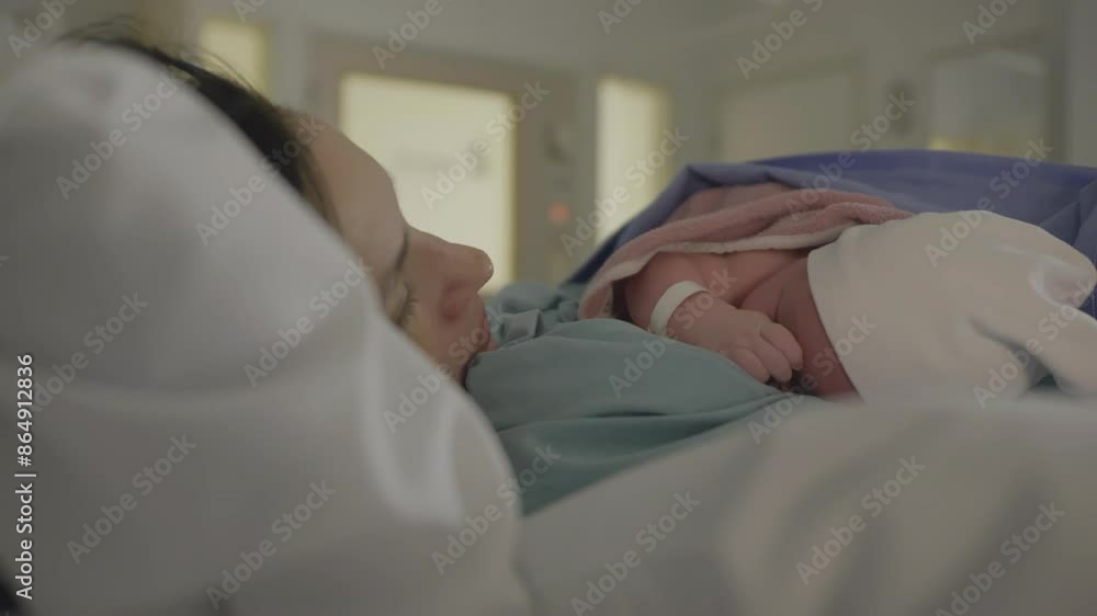 Newborn baby and mother bonding in their first moments. Close up Newborn baby and mother bonding in their first moments. Close up