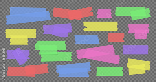 Vector set of colorful transparent adhesive tape. Duct tape strip. Torn pieces of masking tape isolated on transparent background.