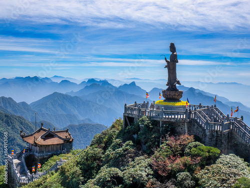 SAPA, VIETNAM - OCT 23, 2020: Buddha statue on top of Fansipan in Sun world Fansipan Legend, Sapa, Lao Cai, Vietnam.