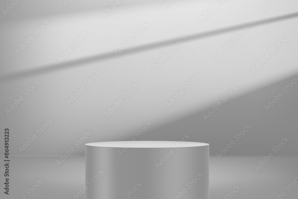 Grey luxury interior with sun flare and cylindrical podium Grey luxury interior with sun flare and cylindrical podium