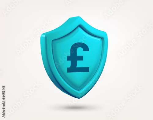 Blue shield with GBP currency sign isolated on white background. 3d vector illustration