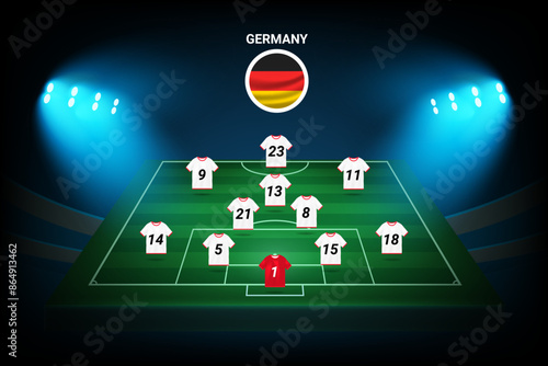 Germany football team formation template. Illuminated football stadium with players numbers. Vector template