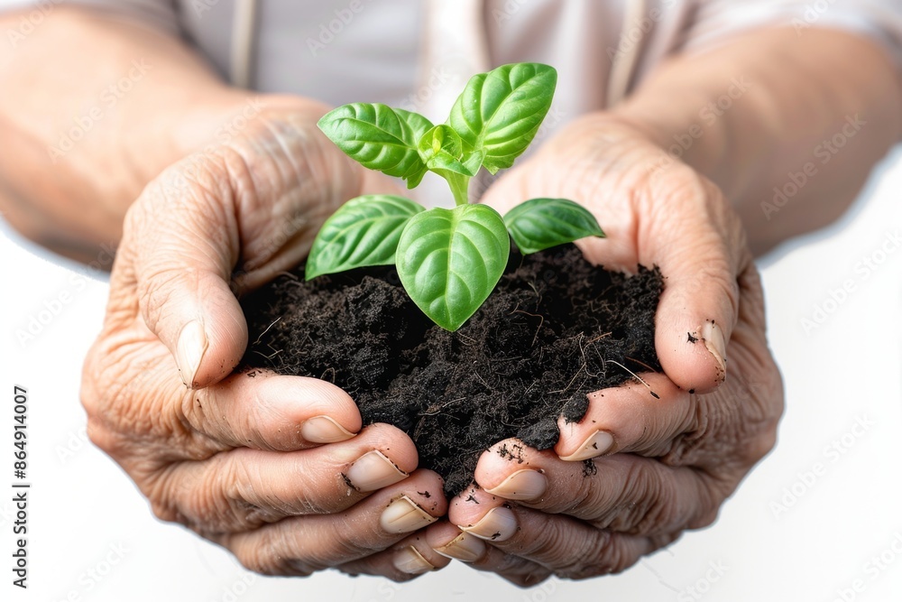Plant in old hands isolated, young sprout, new plant growing in soil, organic farming, environment care, earth day Plant in old hands isolated, young sprout, new plant growing in soil, organic farming, environment care, earth day