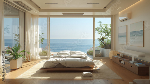 Minimalist bedroom with oce...