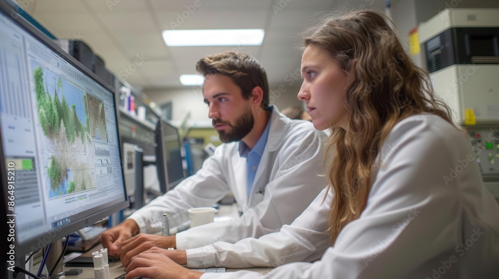 Ecology laboratory team using GIS technology to map ecosystems, spatial analysis, environmental research Ecology laboratory team using GIS technology to map ecosystems, spatial analysis, environmental research