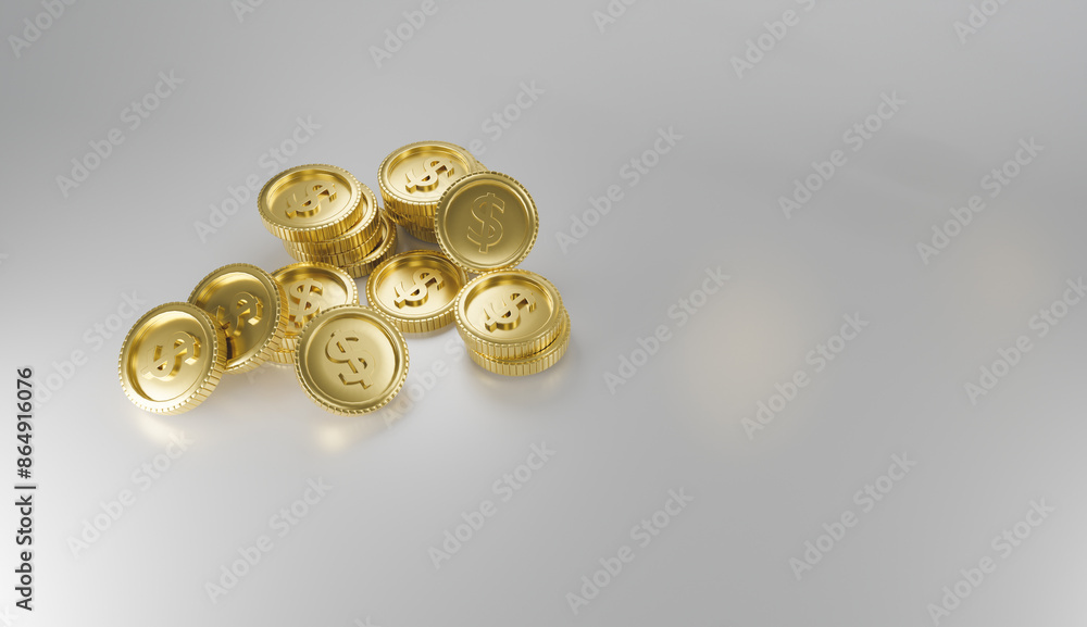 Realistic Gold dollar coins stack isolated white background, concept business finance, saving, exchange, currency trading, deposit, financial growth, copy space for web banner 3d render illustration. Realistic Gold dollar coins stack isolated white background, concept business finance, saving, exchange, currency trading, deposit, financial growth, copy space for web banner 3d render illustration.