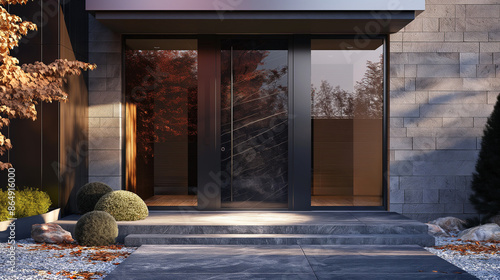 Modern front entrance with glass door and contemporary landscaping. Generative AI	