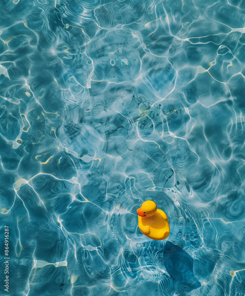 Yellow rubber duck floating in a bright blue pool. Captures a playful summer atmosphere. Yellow rubber duck floating in a bright blue pool. Captures a playful summer atmosphere.