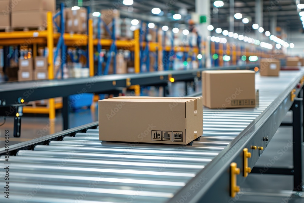 Boxes Moving on Conveyor Belt in a Warehouse Boxes Moving on Conveyor Belt in a Warehouse