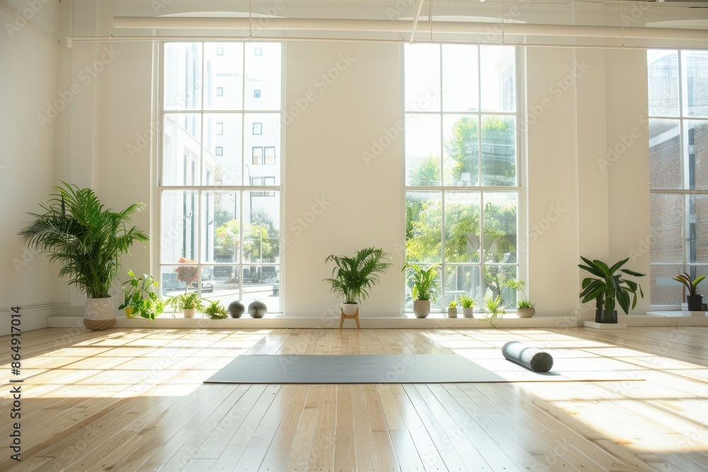 Fototapeta premium Sunlit Studio with Yoga Mat and Plants