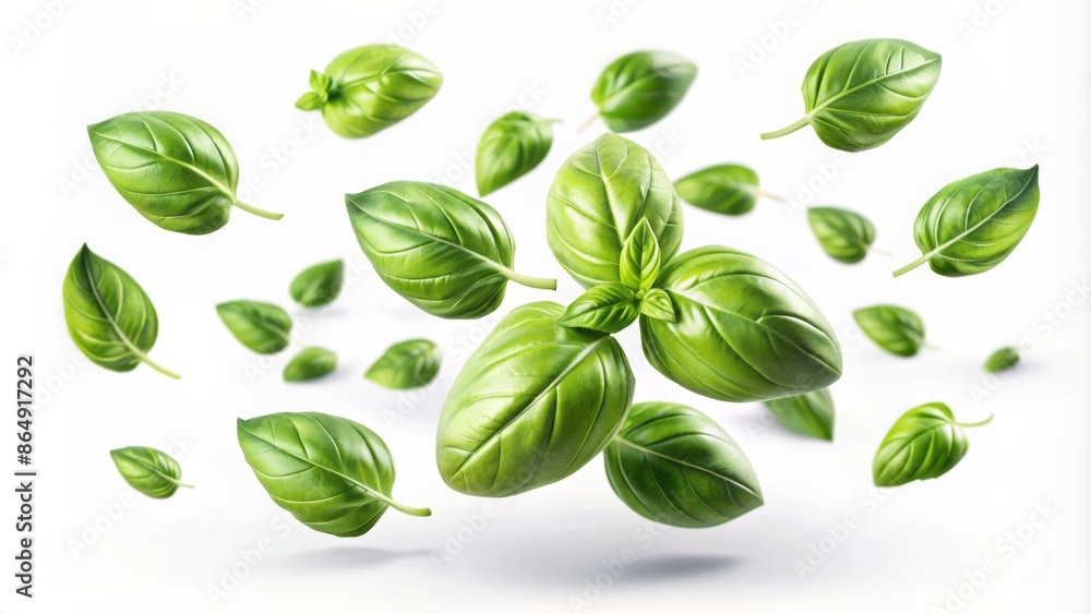 Delicate green basil leaves suspended in mid-air, isolated on a pristine white background, evoking a sense of freshness and serenity. Delicate green basil leaves suspended in mid-air, isolated on a pristine white background, evoking a sense of freshness and serenity.