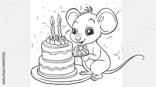 Cute cartoon mouse with a birthday cake, outlined for coloring, on a white background.