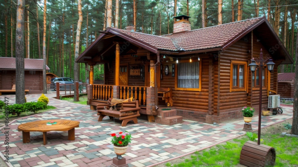 Naklejka premium Wooden garden house, a small cozy cottage on your own plot among the trees for a secluded weekend getaway