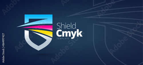Shield CMYK lines color Logo Printing theme. Template design vector. Black background.