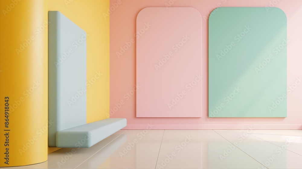 Minimalist interior design with curved yellow wall, pink and green panels, and a light blue bench. Minimalist interior design with curved yellow wall, pink and green panels, and a light blue bench.