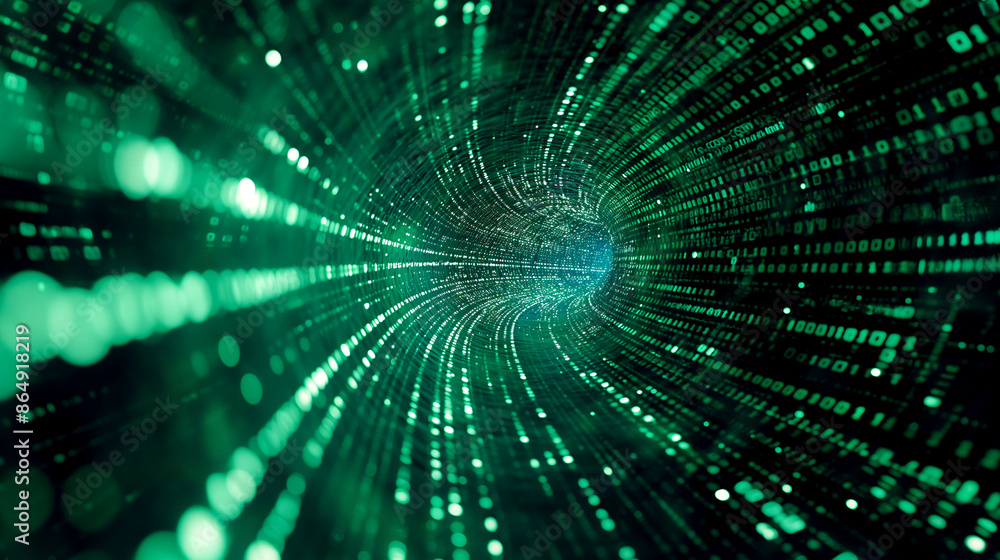 Digital data tunnel with binary code in green light. Generative AI Digital data tunnel with binary code in green light. Generative AI