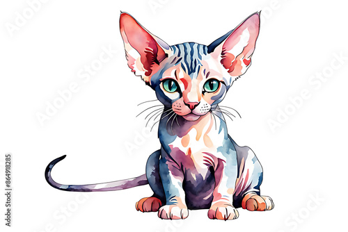 Watercolor image of an adorable Sphynx kitten with wrinkled, hairless skin. It looks like soft suede, sitting happily on a white background. photo