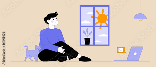 man sits with dreamy look looking out window, its summer outside, theres laptop next to him, work messages are coming in. Concept of working from home, home office, online learning
