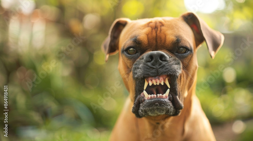 Aggressive rude dog with a mouth full of teeth is staring at the camera