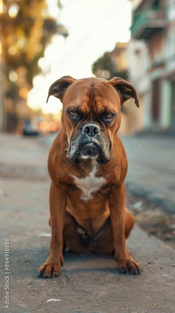 Obraz premium A serious frowning boxer brown dog is sitting on the sidewalk