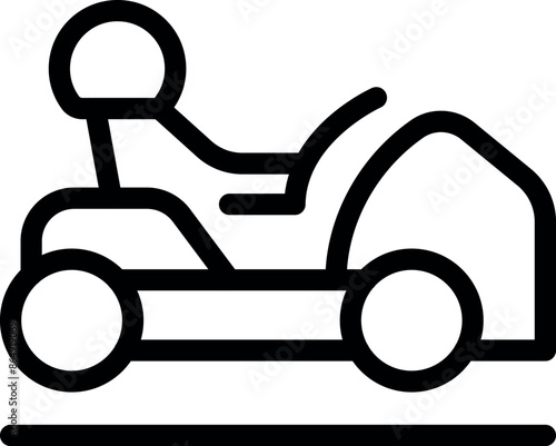 Simple line icon representing a driver riding a lawn mower, cutting grass on a horizontal line representing the ground