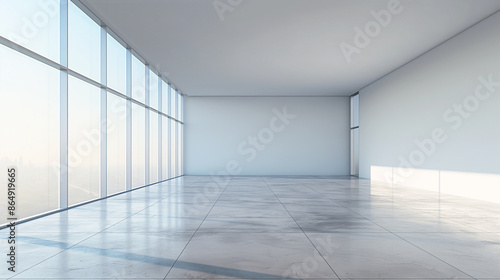 Empty spacious modern office room with large floor-to-ceiling windows. Copy space. Generative AI 